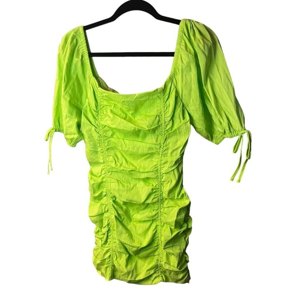 NEW Moon River Bright Green Ruched Puff Sleeve Mini Dress Sz Large